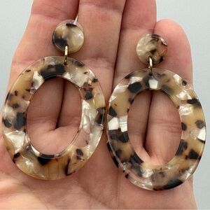 Tortoise Resin Statement Earrings Oval Dangle Drop 2.5”